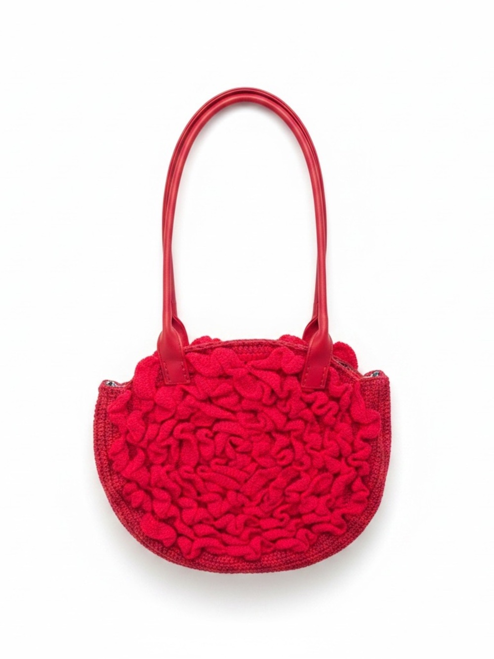 Bold Red Crochet Ruffle Tote Bag with Smooth Handles
